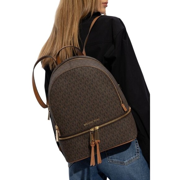 NEW Michael Kors Rhea Medium Zip Pocket Backpack Bag Brown PVC / Leather School